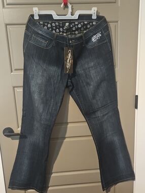 Ed Hardy Dark Indigo Boot Cut Jeans wi/Rhinestone Pocket & Rhinestone Sig Back